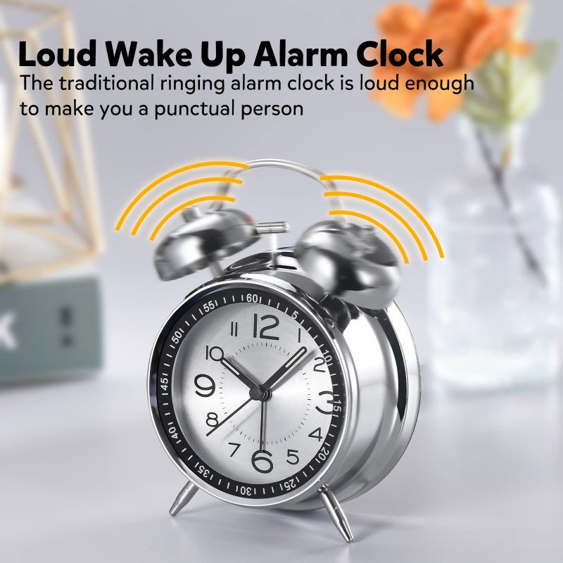 Cadmos Loud Alarm Clock for Heavy Sleepers Adults,Retro 4 Inch Silent Non-Ticking Quartz with Backlight,Twin Bell Analog Kids Alarm Clocks for Bedrooms Bedside (Grey) - Image 5